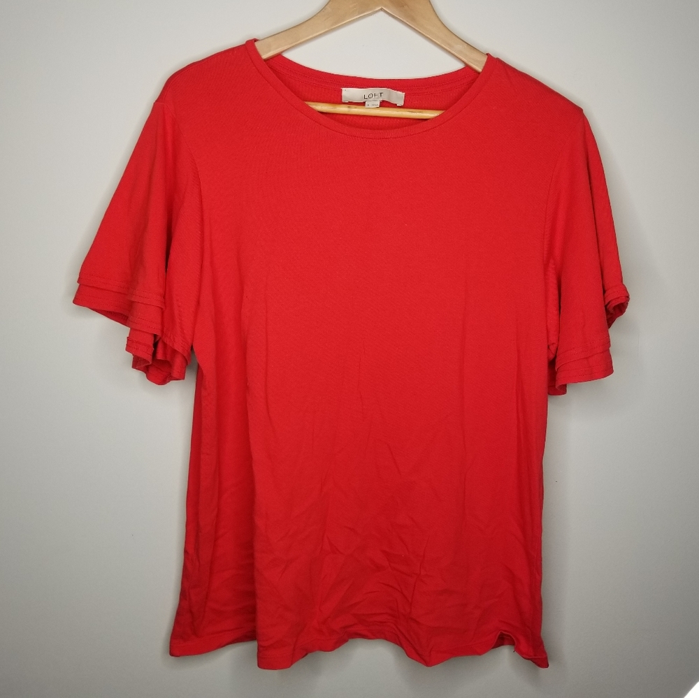Loft Red Ruffle Flutter Sleeve Tee
